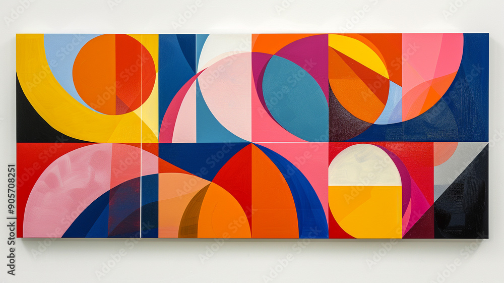Poster colorful abstract mural with geometric patterns displayed in an art gallery