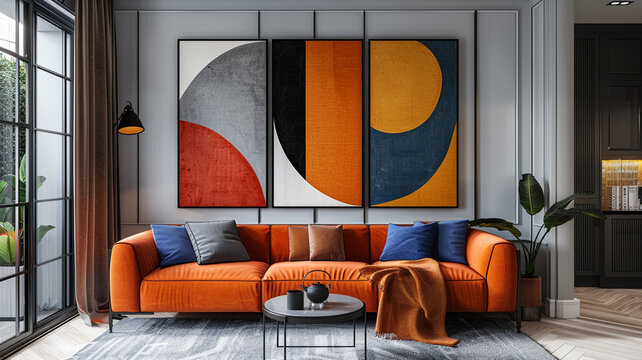 Modern living room with orange sofa, abstract art, and cozy atmosphere