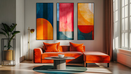 Modern living room with orange sofa and abstract art in bright natural light