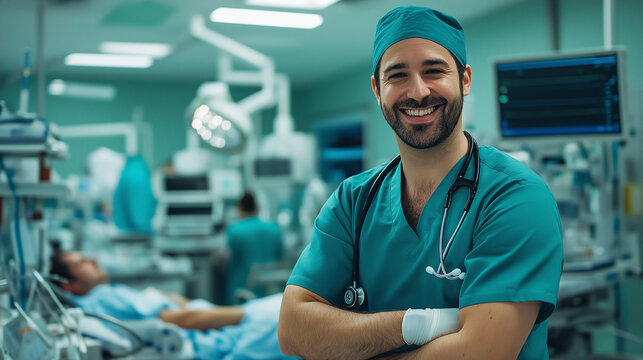 A doctor in scrubs, smiling and ready for the next patient
