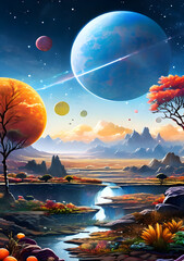 Fototapeta premium Watercolor depiction of multiple planets