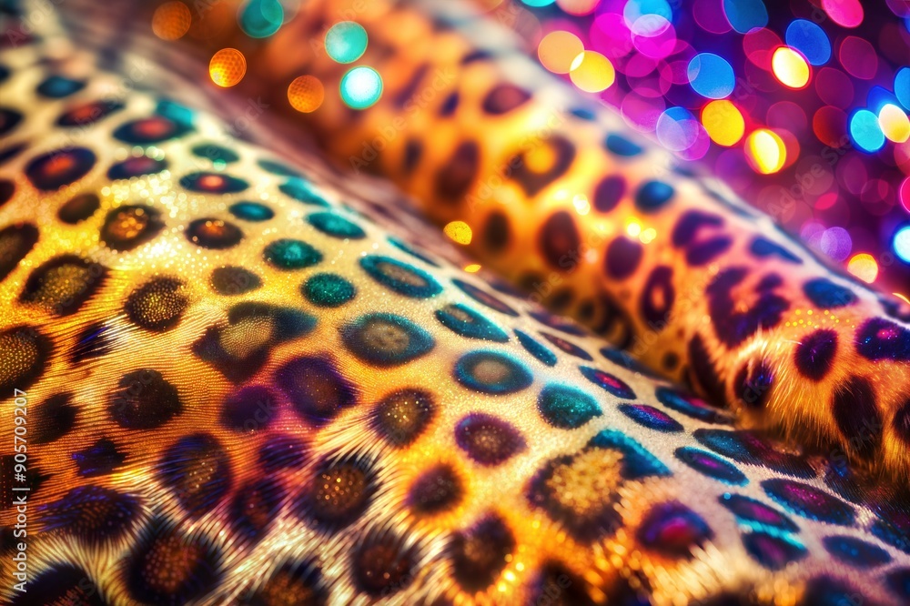 Aufkleber a close-up of vibrant, multicolored leopard print fabric with sparkling bokeh lights in the backgrou