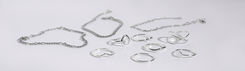 Silver jewelry accessory set, rings chain accessories