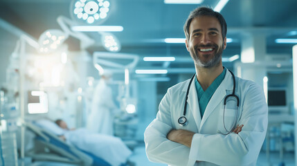A smiling doctor standing in a brightly lit hospital room