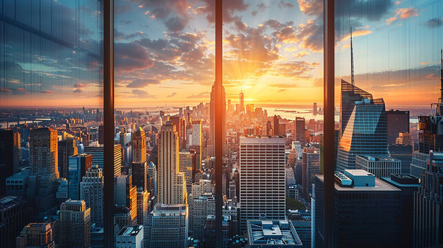 Fototapeta Stunning sunset over manhattan skyline seen from high rise window