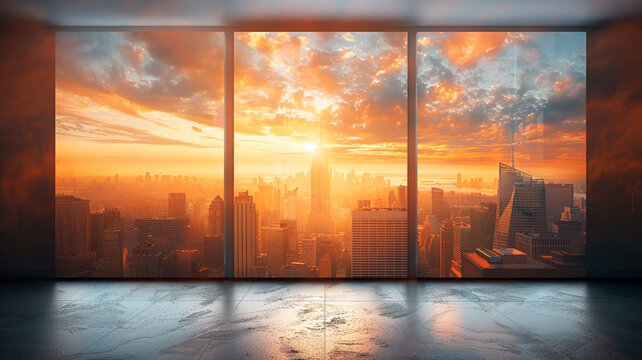 Fototapeta Stunning sunset over city skyline from modern high-rise window at dusk