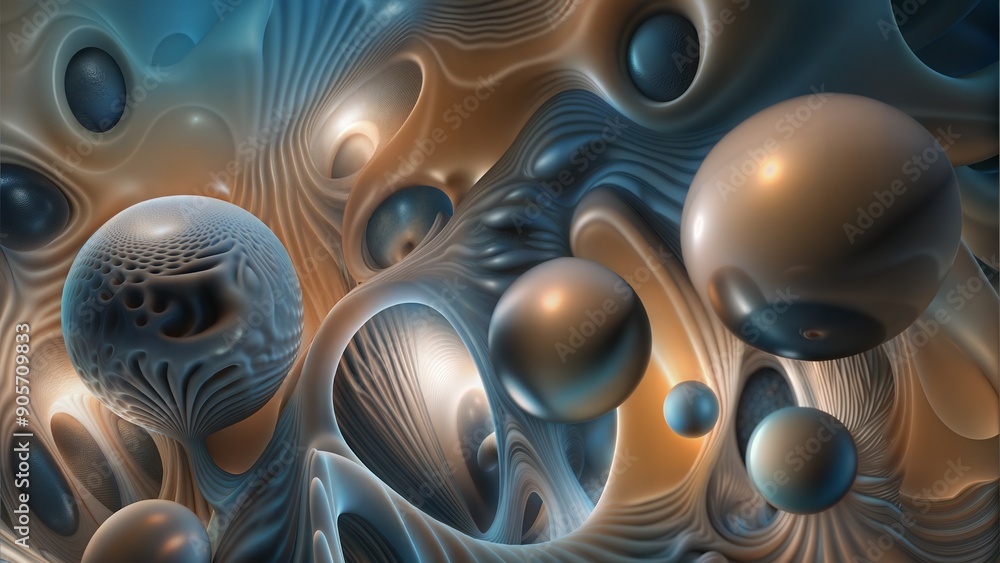 Poster an abstract digital artwork featuring an array of spheres in motion, creating a sense of fluidity an