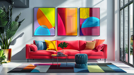 Modern living room decor with colorful abstract artwork and vibrant furnishings