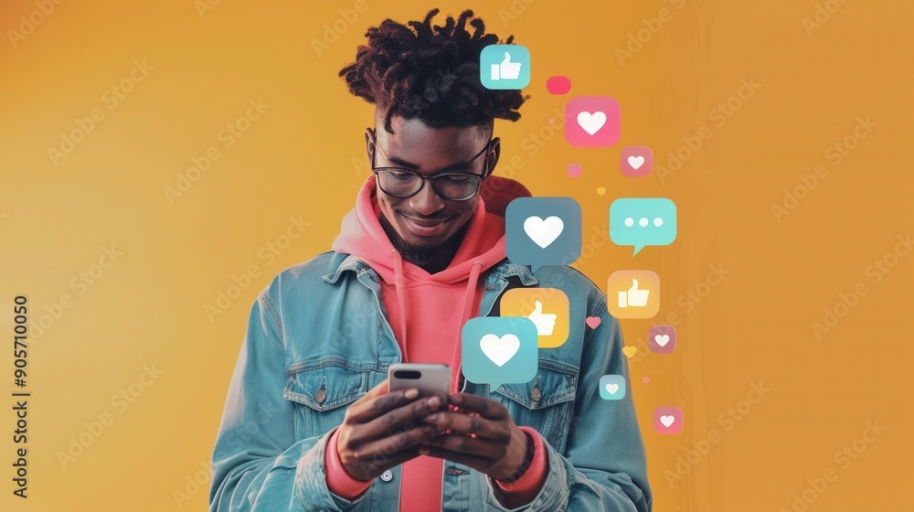 Fototapete a man smiles while using his smartphone, surrounded by colorful icons representing likes and message