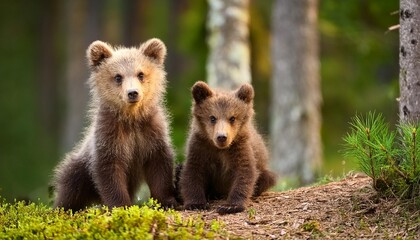 Fototapeta premium Two young brown bear cub in the forest. Portrait of brown bear, animal in the nature habitat. Wildlife scene from Europe. Cub of brown bear without mother
