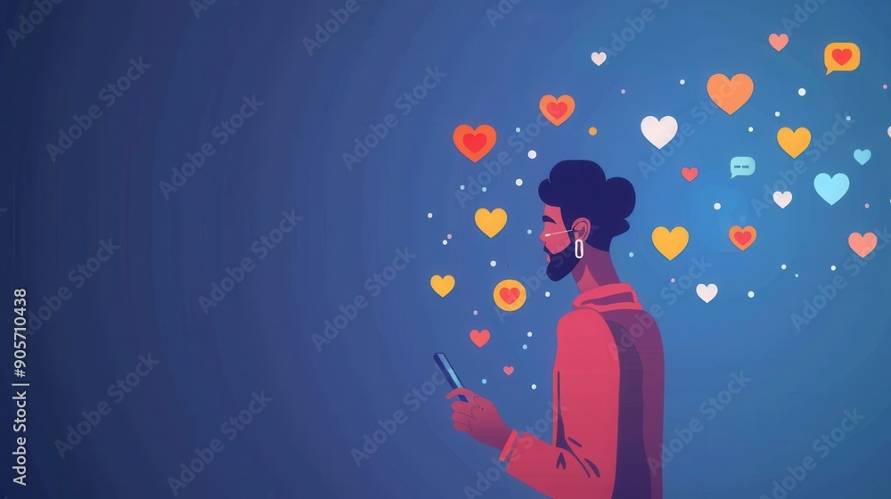 Poster A man stands using his smartphone surrounded by floating heart and message icons, illustrating the impact of social media interaction in modern communication. Generative AI