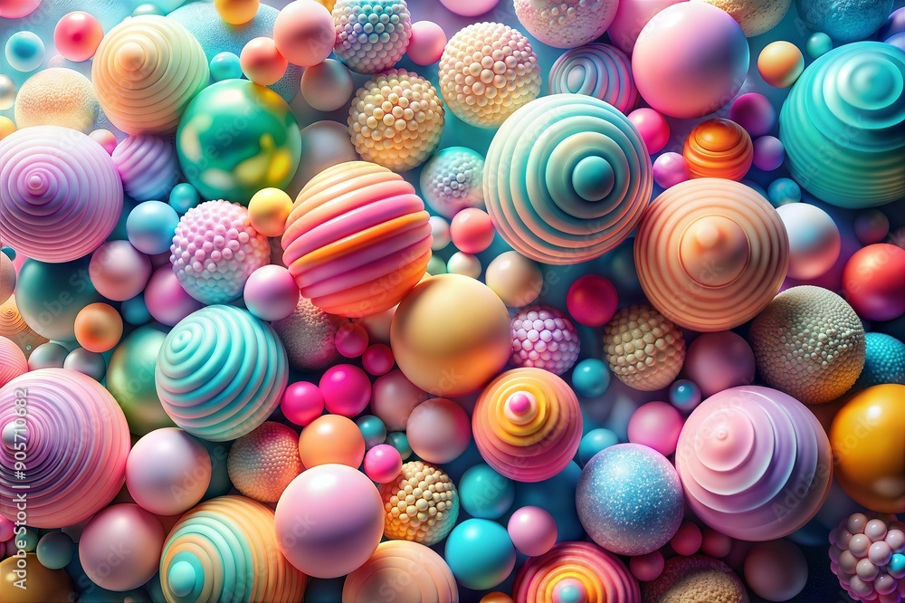 Poster a vibrant cluster of pastel-colored spheres in various sizes, creating a soft and playful abstract i
