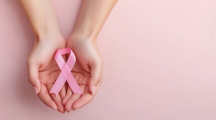 An open palm cradles a pink ribbon symbolizing breast cancer awareness.