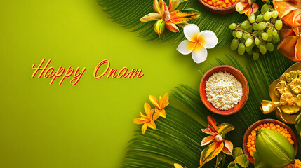 copy space, text "Happy Onam" , illustration, south Indian festival, happy Onam greetings background. Background for Indian Onam festival, annual harvest and cultural festival related to Hinduism.