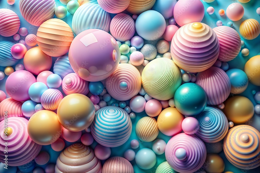 Poster a vibrant cluster of pastel-colored spheres in various sizes, creating a soft and playful abstract i