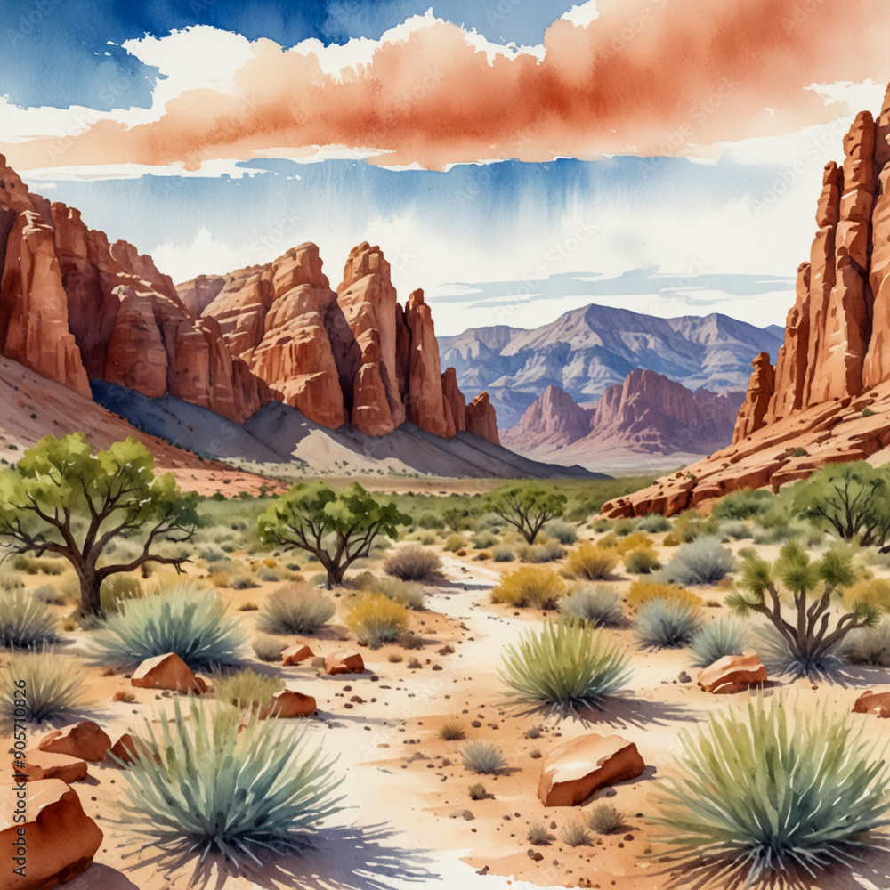 Wall mural A stunning watercolor illustration of Red Rock Canyon National Conservation Area in Nevada. Capture the dramatic red rock formations and rugged landscape