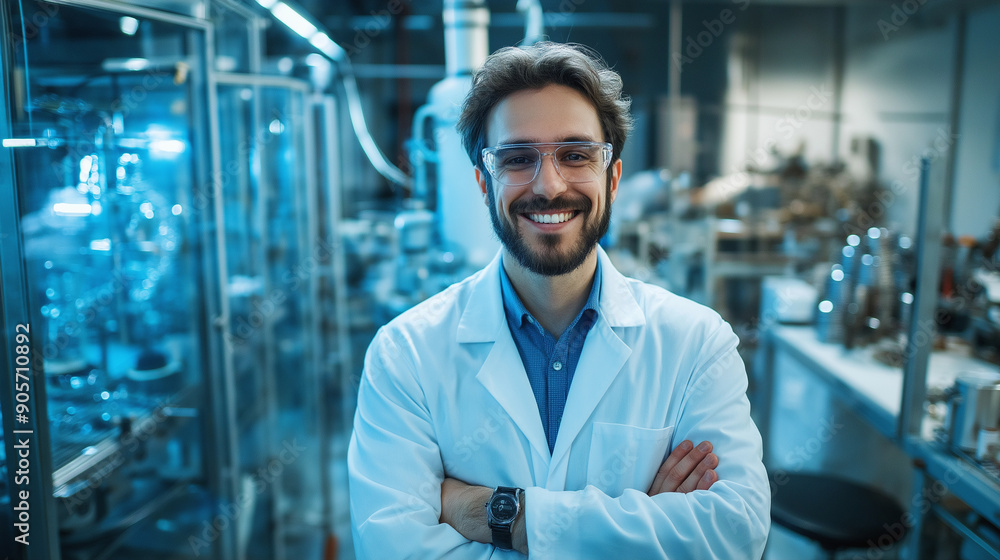 Poster a smiling technologist standing in front of a high-tech pharmacological production setup