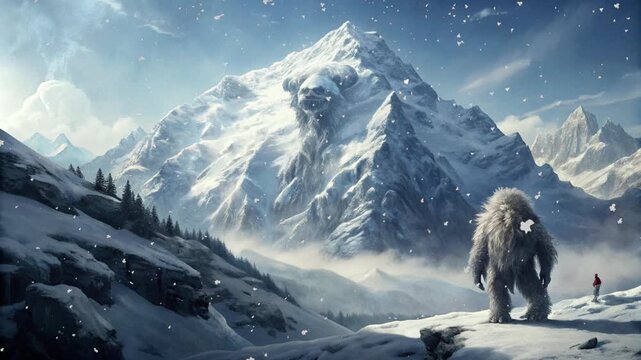 Lo-Fi Animated Illustration of a Winter Mountain Landscape with Snowfall and Yeti Seen Through Window, Horizontal