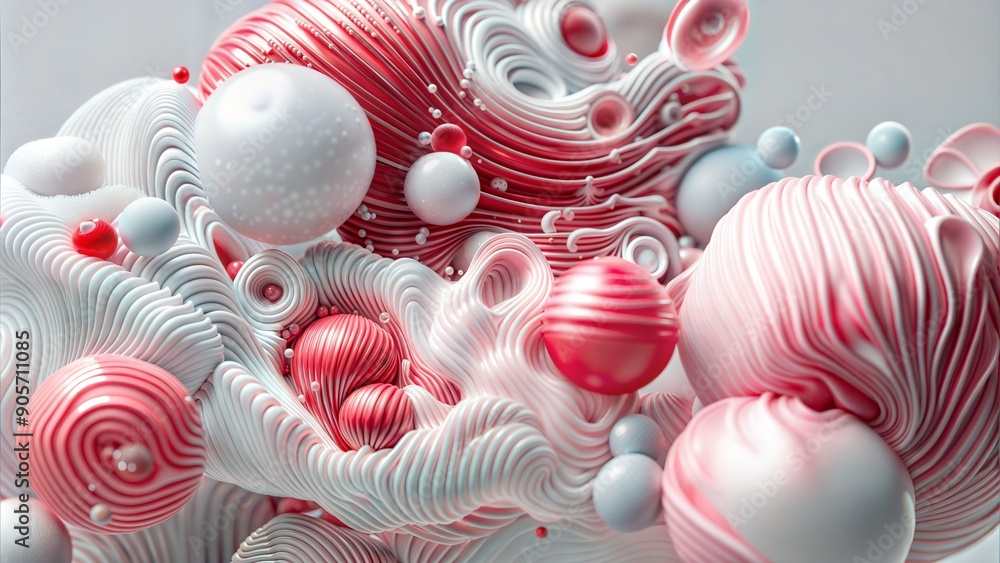 Poster a mesmerizing abstract composition featuring an array of pink and white spheres with intricate patte