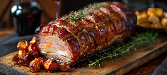 Suckling Pig. Young pig roasted whole to achieve crispy skin and tender meat, served on a rustic wooden board with roasted vegetables.