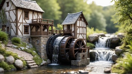 A charming miniature watermill and houses by a river, showcasing idyllic countryside life, perfect for storytelling, crafts, or nature-themed projects.