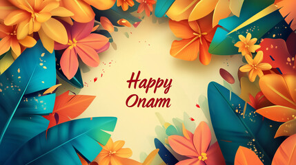 copy space, text "Happy Onam" , illustration, south Indian festival, happy Onam greetings background. Background for Indian Onam festival, annual harvest and cultural festival related to Hinduism.
