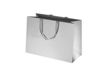 Grey paper shopping bag mockup with grey handles on white background
