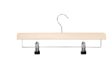 Wooden clothes hangers on white background for branding with clothespins