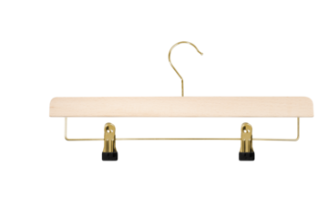 Wooden clothes hangers on white background for branding with gold clothespins