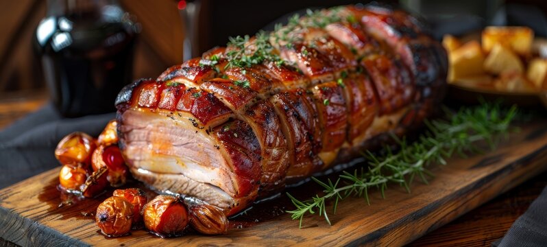 Suckling Pig. Young pig roasted whole to achieve crispy skin and tender meat, served on a rustic wooden board with roasted vegetables.
