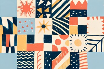 Obraz premium Abstract geometric artwork featuring stars, stripes, and waves in a playful arrangement. Suitable for contemporary art, graphic design, or creative projects