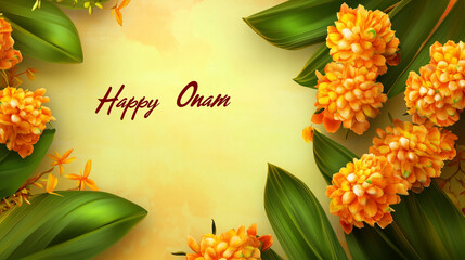 copy space, text "Happy Onam" , illustration, south Indian festival, happy Onam greetings background. Background for Indian Onam festival, annual harvest and cultural festival related to Hinduism.
