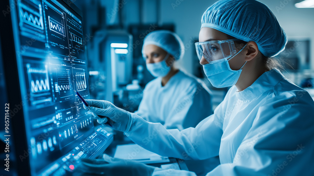 Aufkleber a technologist explaining production protocols to a worker in a cleanroom