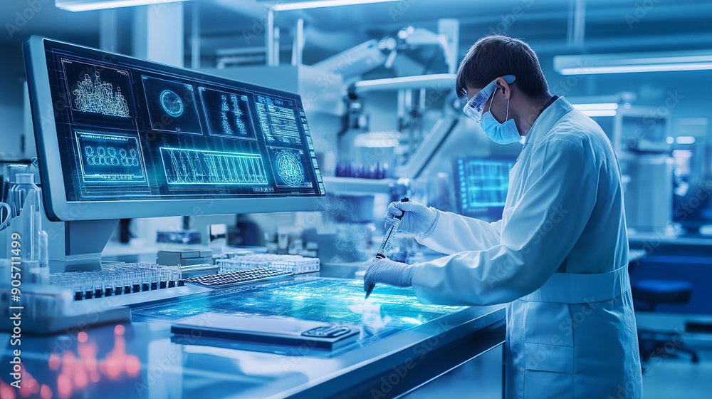 Poster a modern lab setup with a technologist at the center, operating advanced machinery