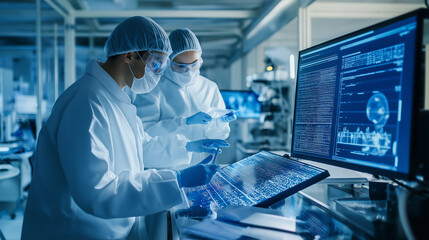 Naklejka premium A technologist explaining production protocols to a worker in a cleanroom