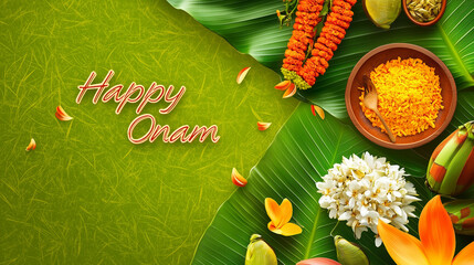 copy space, text "Happy Onam" , illustration, south Indian festival, happy Onam greetings background. Background for Indian Onam festival, annual harvest and cultural festival related to Hinduism.