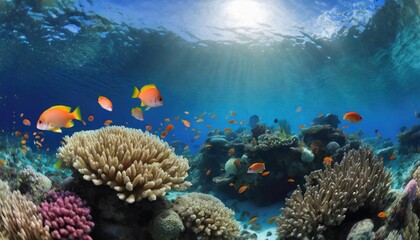 underwater coral reef landscape wide panorama background in the deep blue ocean with