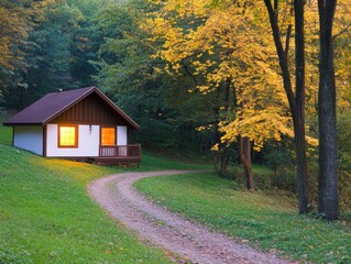 A quaint cottage nestled among trees with autumn colors at dusk