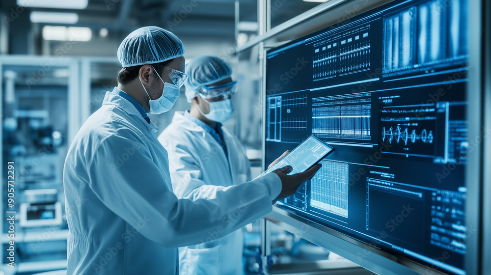 Aufkleber a technologist explaining the production workflow to a worker in a cleanroom environment