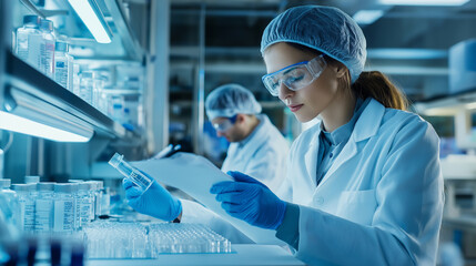 A worker and technologist discussing the latest advancements in drug production