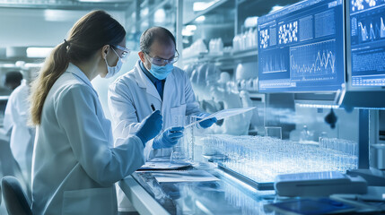 A worker and technologist discussing the latest advancements in drug production