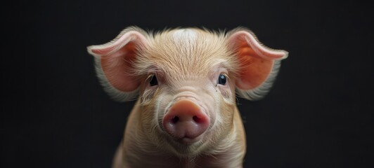 Fototapeta premium Piglet Portrait. Cute light-colored piglet with large ears and expressive eyes, set against a dark background for a striking and endearing animal portrait. 