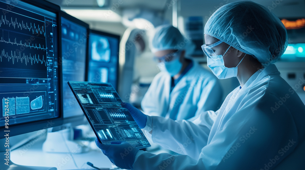 Poster a technologist and worker examining digital data on a screen in a sterile lab