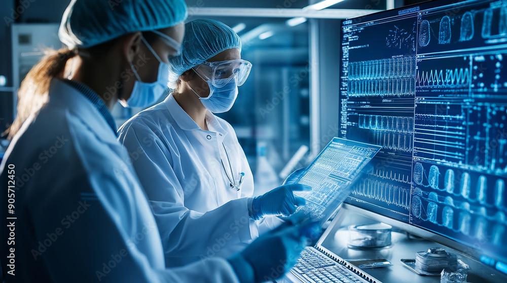 Poster a technologist and worker examining digital data on a screen in a sterile lab