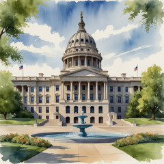 A stunning watercolor illustration of the Kansas State Capitol in Topeka, Kansas, he impressive architecture of the Capitol building, highlighting its grand dome and neoclassical design with detailed