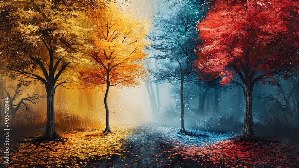 Poster autumn forest with colorful trees and mystical fog at dawn