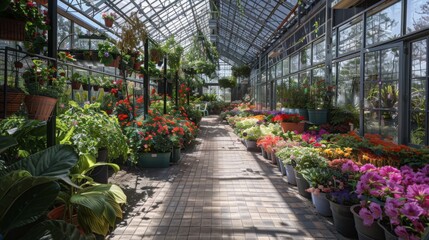 A vibrant greenhouse showcases a variety of colorful flowers and plants, illuminated by sunlight streaming through the glass structure.