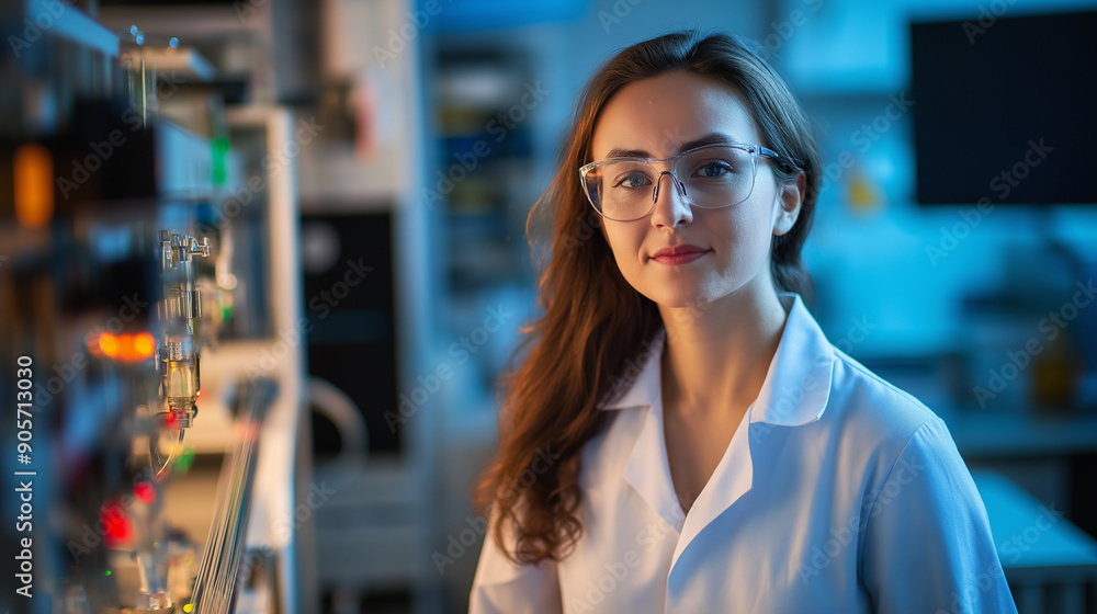 Poster a technologist confidently standing in a high-tech lab environment