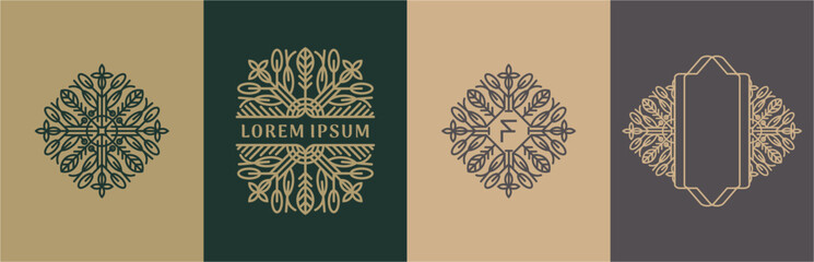 Luxury flowers and leaves logo design. Frames with copy space for text or letter. Abstract vector based creative line style template.