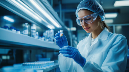 A technologist holding a sample of a pharmaceutical product in a sterile lab